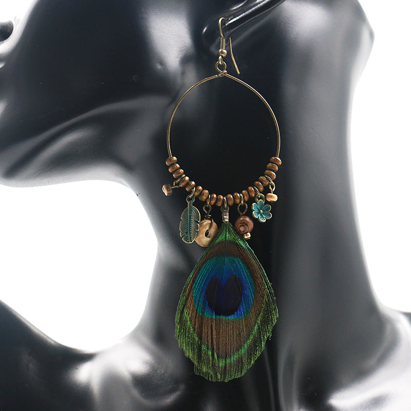 Peacock feather wool bead earrings