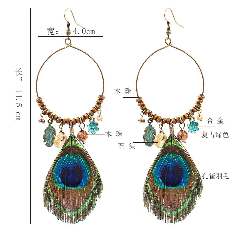 Peacock feather wool bead earrings