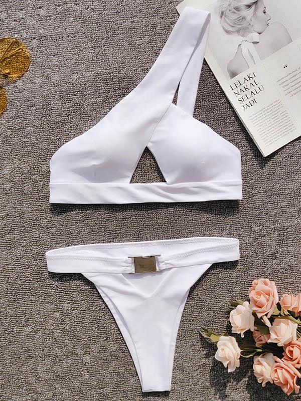 One Shoulder Top Plain Bikini Set