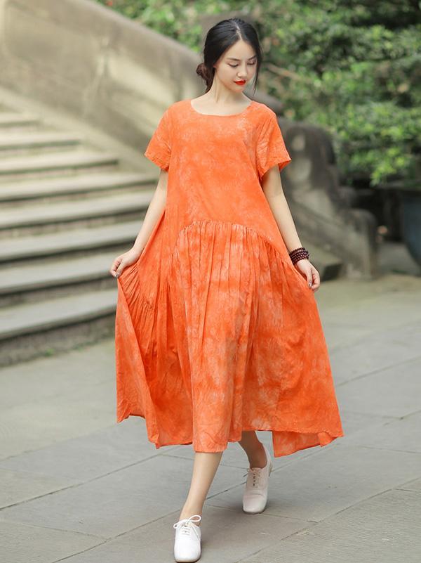 Long Loosen Dress with Short Sleeves, Two Colors