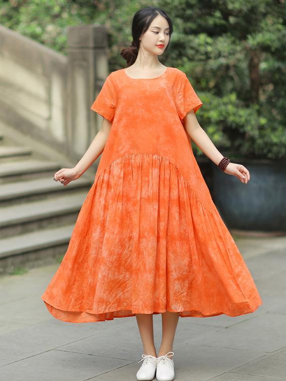 Long Loosen Dress with Short Sleeves, Two Colors