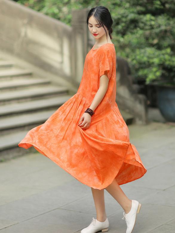 Long Loosen Dress with Short Sleeves, Two Colors