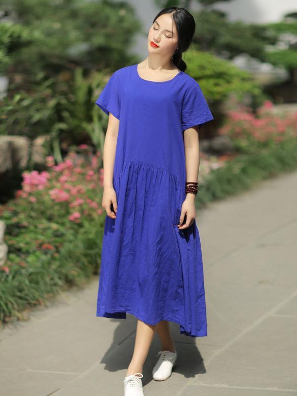 Long Loosen Dress with Short Sleeves, Two Colors