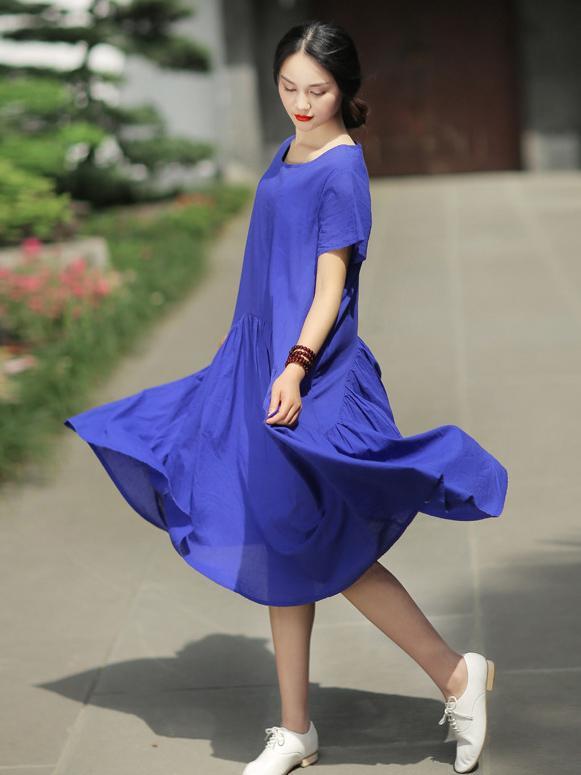 Long Loosen Dress with Short Sleeves, Two Colors