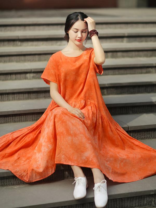 Long Loosen Dress with Short Sleeves, Two Colors