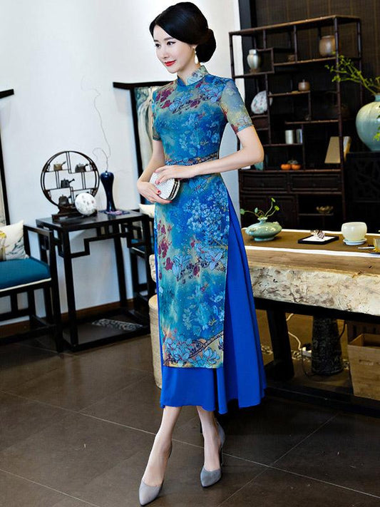 Vintage Blue Floral Stand-collar Ao Dai Long Cheongsam