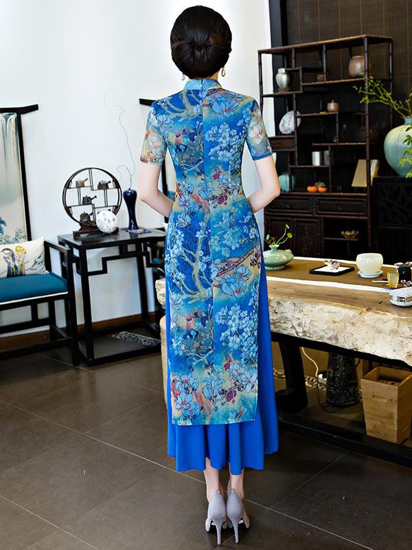 Vintage Blue Floral Stand-collar Ao Dai Long Cheongsam