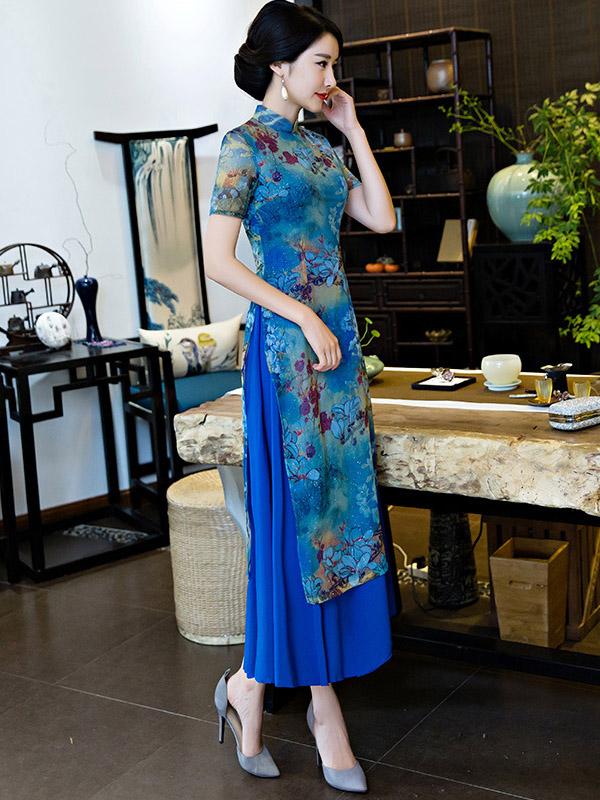 Vintage Blue Floral Stand-collar Ao Dai Long Cheongsam