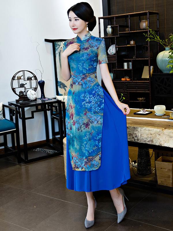 Vintage Blue Floral Stand-collar Ao Dai Long Cheongsam