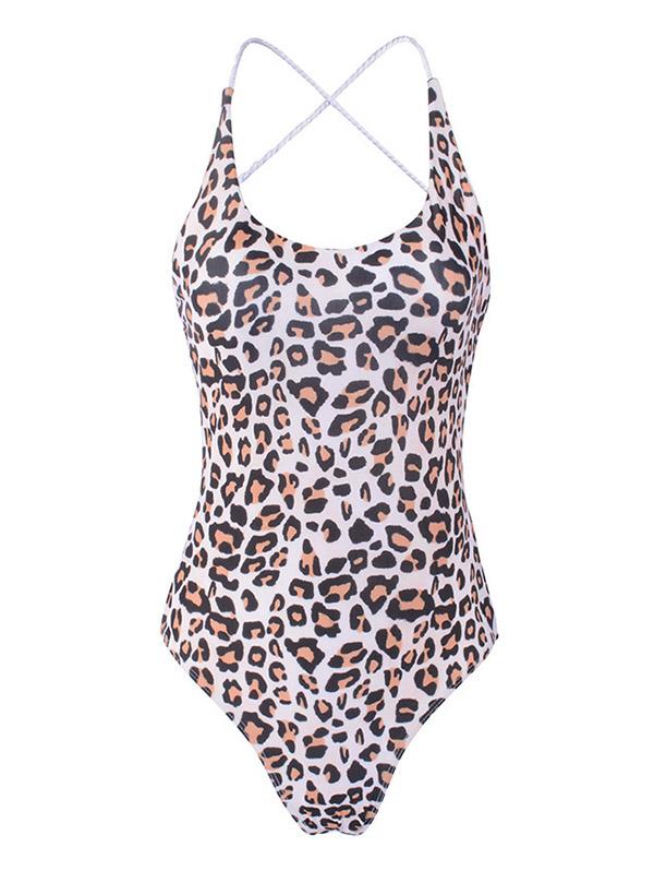 Sexy Leopard Print Spaghetti-Neck One-Piece Swimwear