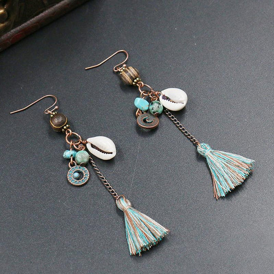 Long tassel jewelry handmade vintage wooden beads shell Earrings Wholesale