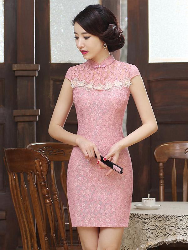 Pink Lace Hollow Short Cheongsam