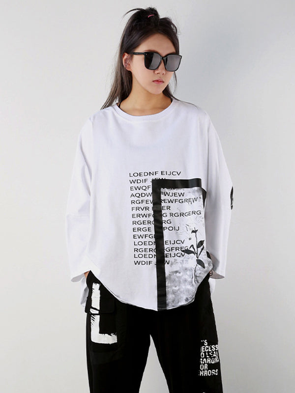 Casual Long Sleeves Loose Letter Print Round-Neck T-Shirts Tops