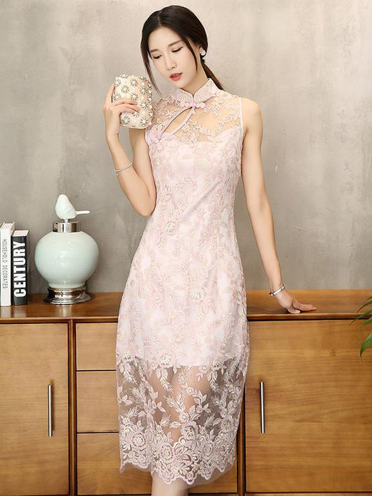 Pink Lace Embroidered Long Cheongsam