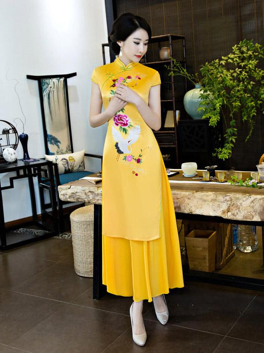 Yellow Peony Print Split-side Ao Dai Long Cheongsam