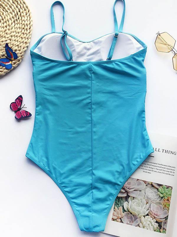 Solid Color Belted One-Piece Swimwear