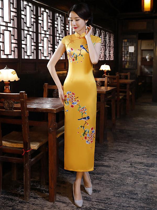 Natinal Flower Printed Stand-collar Split-side Yellow Long Cheongsam