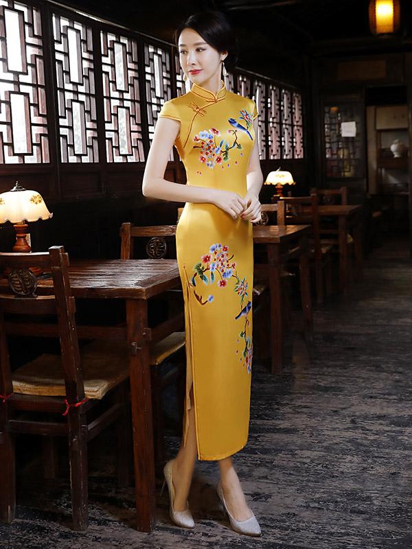 Natinal Flower Printed Stand-collar Split-side Yellow Long Cheongsam