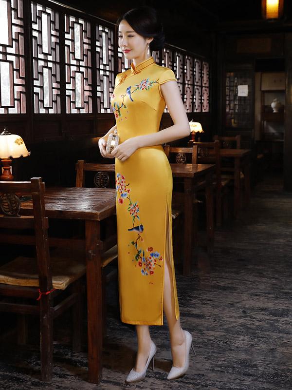 Natinal Flower Printed Stand-collar Split-side Yellow Long Cheongsam