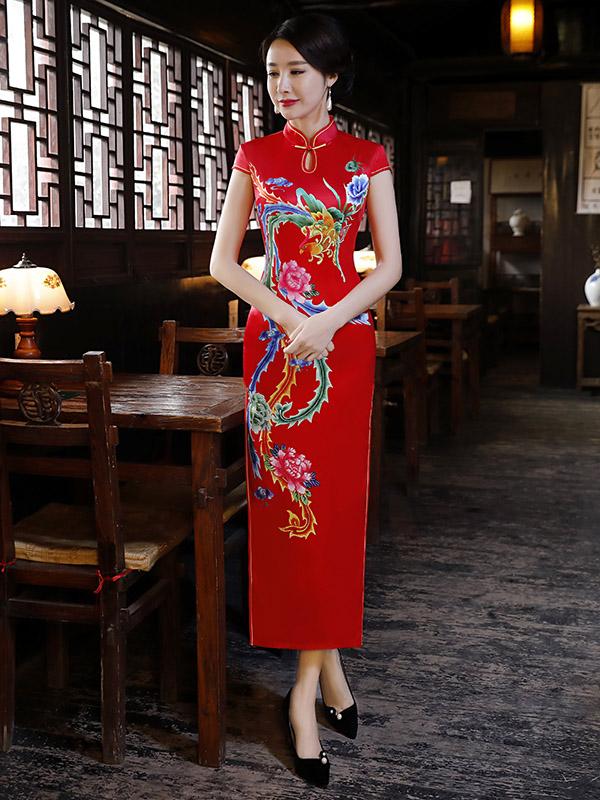 Red Phoenix Print Split-side Long Cheongsam