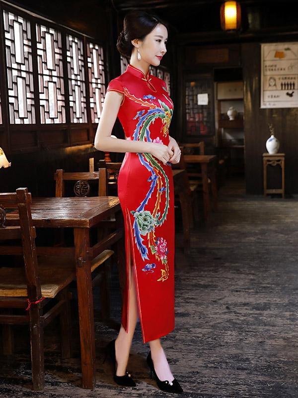 Red Phoenix Print Split-side Long Cheongsam