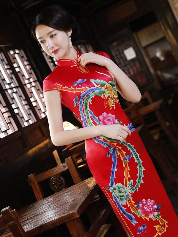 Red Phoenix Print Split-side Long Cheongsam