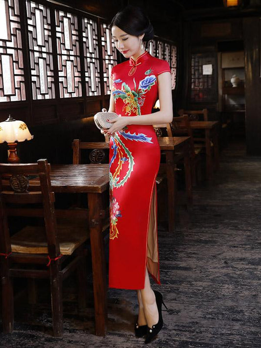 Red Phoenix Print Split-side Long Cheongsam