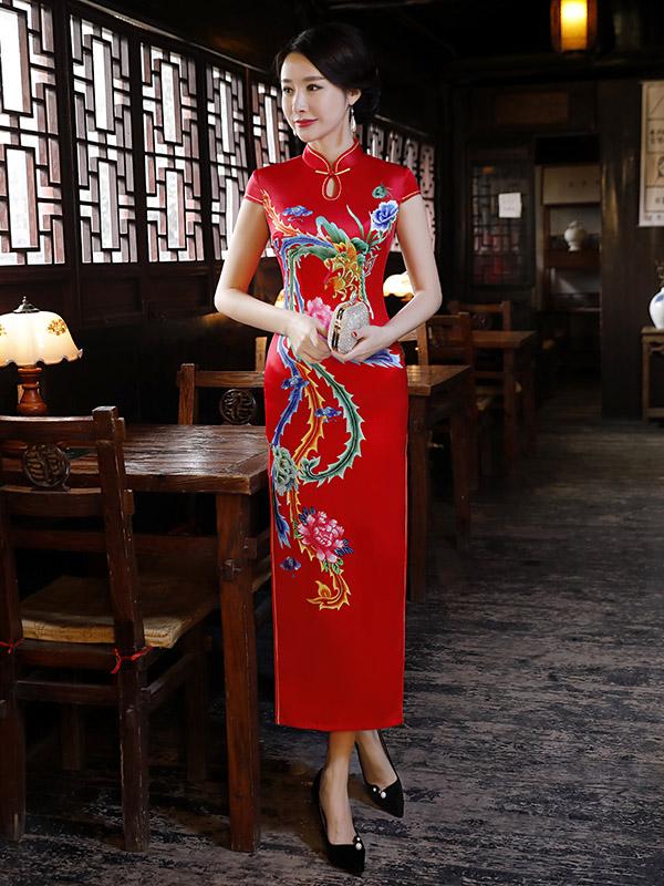 Red Phoenix Print Split-side Long Cheongsam