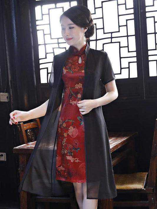 Two Pieces Flower Print Split-side Short Cheongsam