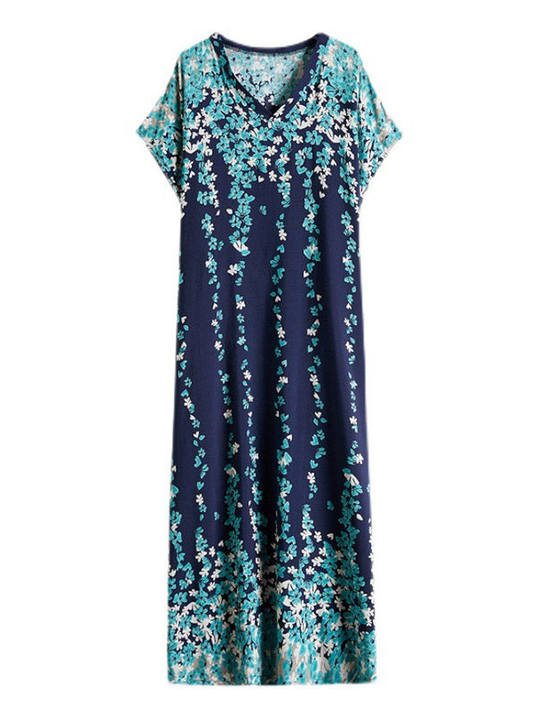 Original Floral Printed Loose V-Neck Batwing Sleeves Maxi Dress