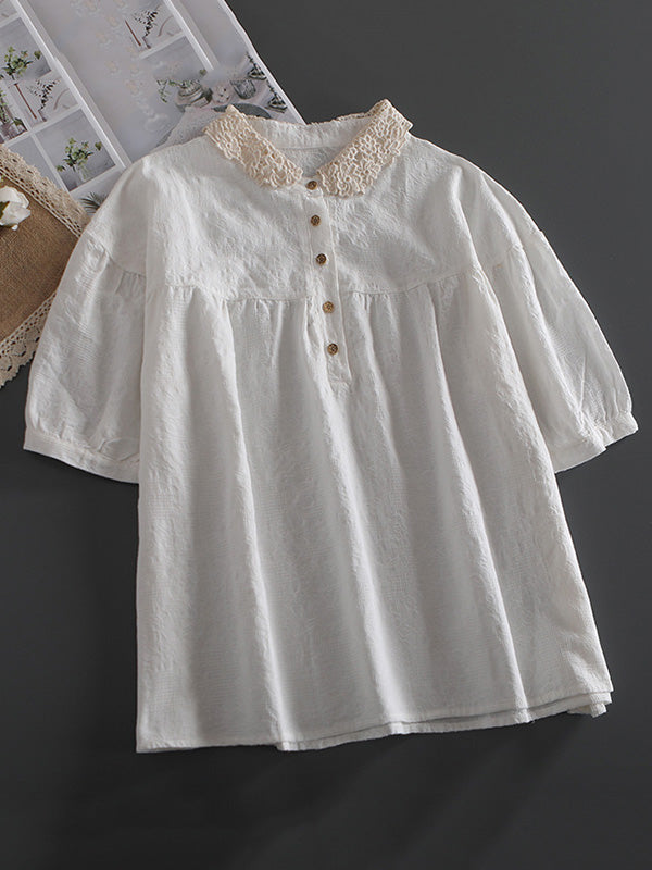 Casual Lace Ramie Cotton Embroidered Split-Joint Round Neck T-Shirt