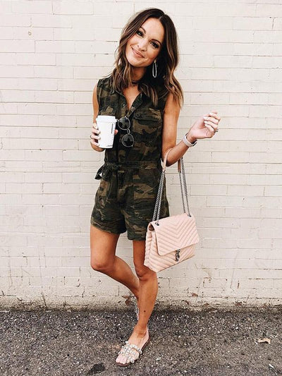 Camouflage Printed Pockets Belted Rompers