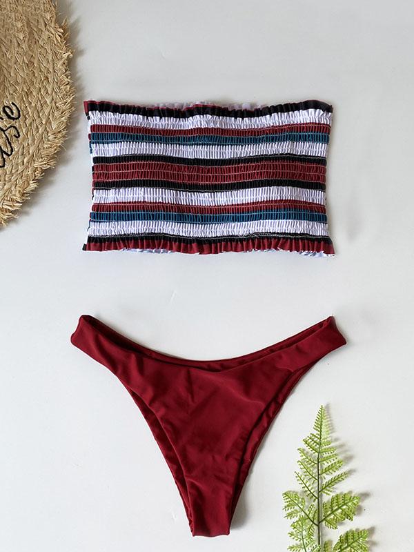 Plain Striped Ruffled Bandeau Split Bikini Swimsuit