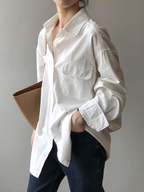 Causal Simple Solid Color Split-Joint With Pocket Buttoned Lapel Collar Long Sleeves Blouse