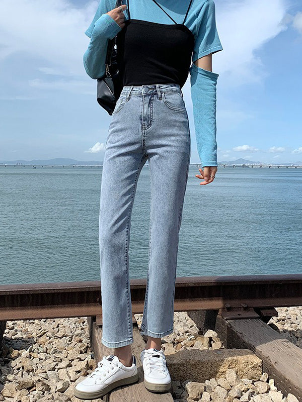 Simple Loose High Waisted Jean Cropped Pants Bottoms