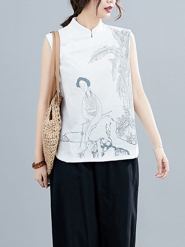 Artistic Retro Chinese-Style Printed Buttoned Stand Collar Sleeveless Vest