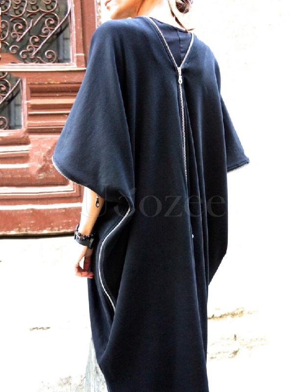 Navy-blue Zipper Batwing Sleeves Long Dress