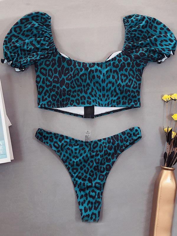 Leopard Print Zipper Short Sleeves Split Bikini Swimsuit