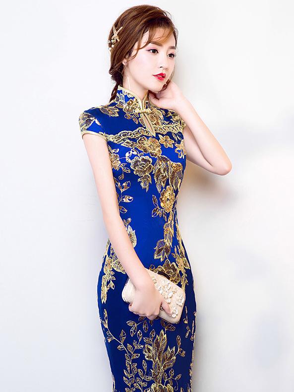 Blue Lace Embroidered Mermaid Cheongsam Evening Dress