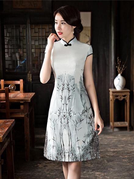 Gray&Creamy Printed A-line Short Cheongsam