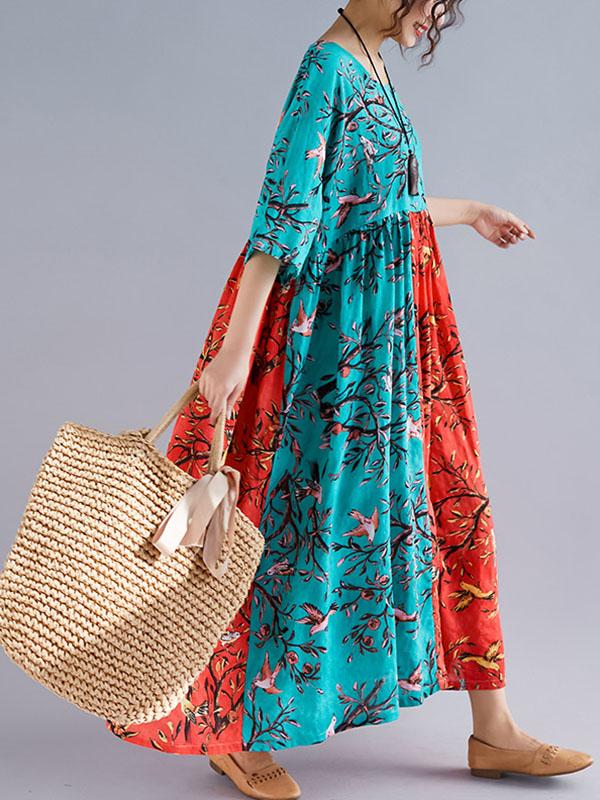 Plus Size Flower Print Split-joint Round-neck Long Dress