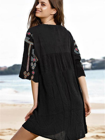 Black Floral V-neck Mini Cover-up