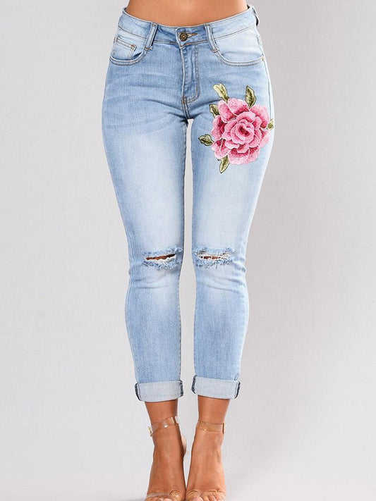 Elastic Embroidered Ripped Pencil Jean Pants Bottoms