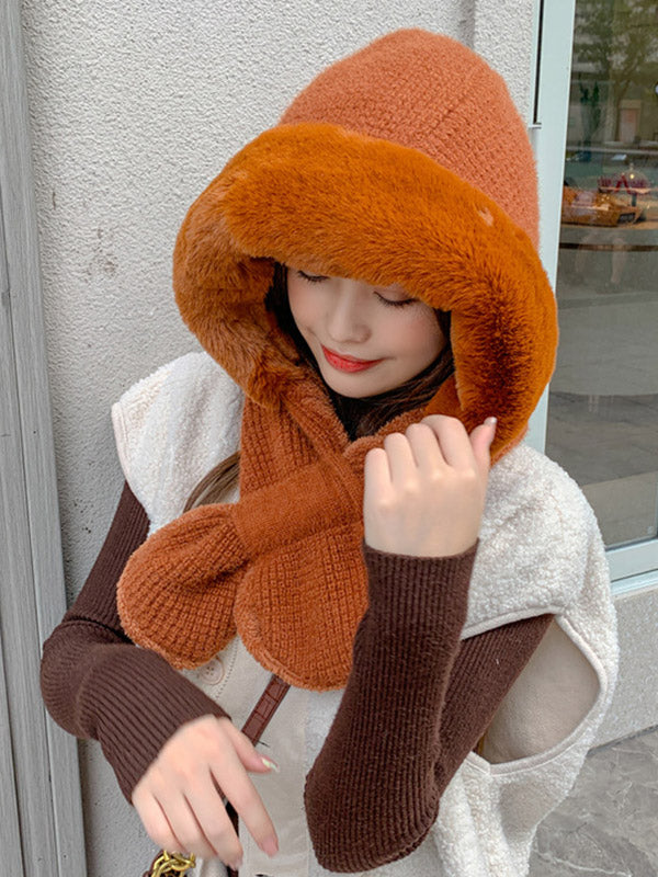 Casual Warm Solid Color With Scarf Knitted Hat