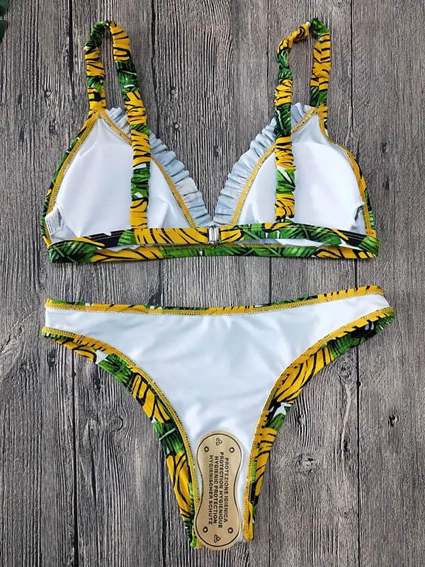 Ruffled Banana Printing Bikini Swimsuit