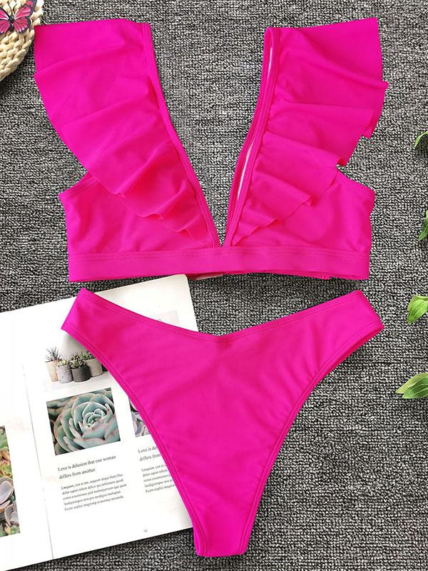 Sexy Flounces V-Neck Metal Buckle Split Bikini Swimsuit