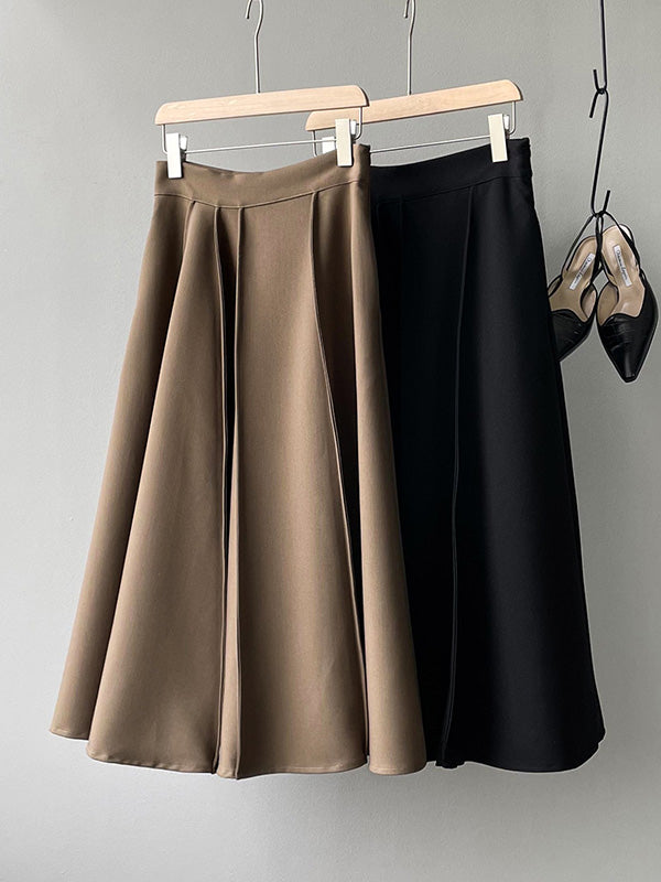 Simple Loose Solid Color Pleated A-Line High-Waist Long Skirt