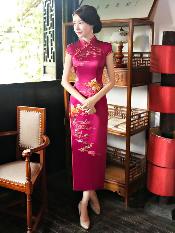 Burgundy Printed Stand-collar Long Cheongsam