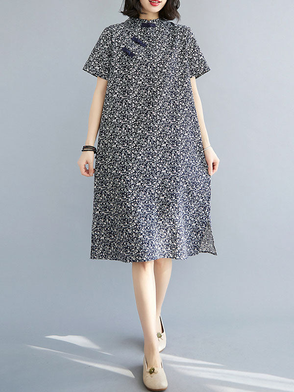 Artistic Retro Floral Printed Stand Collar Short Sleeves Cheongsam Midi Dress