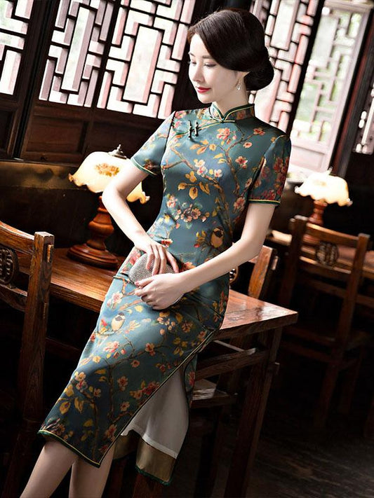 Green Peach Blossom Print Stand-collar Long Cheongsam